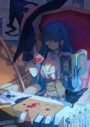 Rule 34 | 1girl, bird, black gloves, blue eyes, blue hair, book, breasts, cleavage, corset, crow, crystal, glitter, globe, gloves, hat, unworn hat, unworn headwear, highres, holding, holding book, ink bottle, jewelry, large breasts, long hair, looking at another, matching hair/eyes, mister rhino (wangzisama1001), monocle, necklace, open book, original, parchment, pentacle, potion, quill, sidelocks, sitting, solo, test tube, vial, witch hat