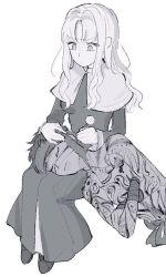 Rule 34 | 1boy, 1girl, angra mainyu (fate), bad id, bad twitter id, caren hortensia, closed eyes, crossed arms, ear cleaning, ensm, fate/hollow ataraxia, fate (series), greyscale, headband, holding, lap pillow, long hair, long sleeves, mimikaki, monochrome, open mouth, short hair, sitting, topless male, white background