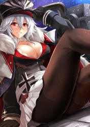 Rule 34 | 1girl, :d, adjusting clothes, adjusting headwear, ass, azur lane, bad id, bad pixiv id, black gloves, black pantyhose, blush, breasts, cleavage, commentary request, cross, fur scarf, gloves, graf zeppelin (azur lane), hat, iron cross, kanzaki kureha, large breasts, long hair, looking at viewer, open mouth, pantyhose, parted lips, peaked cap, red eyes, silver hair, sitting, smile, solo