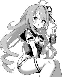 Rule 34 | 1girl, ahoge, azur lane, azur lane: slow ahead, choker, cross, cross choker, cross earrings, cup, drinking straw, earrings, grey hair, greyscale, hand up, holding, holding cup, hori (hori no su), jewelry, l&#039;opiniatre (azur lane), long hair, looking at viewer, monochrome, official art, one side up, simple background, sitting, solo, thighhighs, tri drills, white background