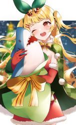 Rule 34 | 1girl, absurdres, azur lane, bell, blonde hair, blurry, blurry background, cape, christmas, christmas tree, commission, hugging doll, dress, fur-trimmed cape, fur-trimmed gloves, fur trim, gift, gift bag, gloves, green cape, green ribbon, hair bell, hair ornament, hairclip, happy, highres, jenkins (azur lane), jenkins (light of the holiest star) (azur lane), long hair, hugging object, one eye closed, red dress, red eyes, red gloves, ribbon, shark, skeb commission, snow, solo, strapless, strapless dress, stuffed toy, twintails, wavy hair, yamaha tsui, yellow ribbon
