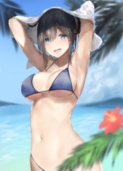 Rule 34 | 1girl, :d, araido kagiri, armpits, arms up, bare arms, bare shoulders, bikini, black hair, blue bikini, blue eyes, blurry, breasts, cleavage, collarbone, commentary request, day, depth of field, covered erect nipples, flower, hair ornament, hairclip, halterneck, hibiscus, highleg, highleg bikini, highres, holding, holding towel, large breasts, leaf, long hair, looking at viewer, navel, ocean, open mouth, original, outdoors, ponytail, red flower, sidelocks, smile, solo, stomach, swimsuit, towel, upper body, wet