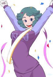 Rule 34 | 1girl, blue eyes, breasts, gloves, green hair, highres, inazuma eleven (series), inazuma eleven ares no tenbin, large breasts, open mouth, raimon, raimon soccer uniform, short hair, simple background, soccer uniform, solo, sportswear, standing, umihara norika, white background