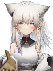Rule 34 | 1girl, absurdres, animal ears, arknights, arknights: endfield, bare shoulders, belt, blue eyes, blush, breasts, brown belt, commentary request, gloves, highres, light smile, long hair, looking at viewer, medium breasts, perlica (arknights), simple background, solo, tab head, white background, white hair