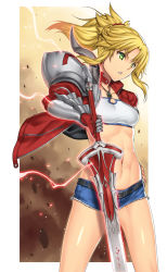 Rule 34 | armor, bandeau, blonde hair, clarent (fate), clenched teeth, cowboy shot, denim, denim shorts, electricity, fate/apocrypha, fate (series), gauntlets, green eyes, hair ornament, hair scrunchie, highres, jewelry, midriff, mordred (fate), mordred (fate/apocrypha), mordred (memories at trifas) (fate), navel, pendant, ponytail, scrunchie, shorts, shoulder armor, solo, standing, teeth, uemukai dai, wind
