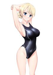 Rule 34 | 1girl, absurdres, arms behind head, black one-piece swimsuit, blonde hair, blue eyes, braid, breasts, commentary request, competition swimsuit, covered navel, cowboy shot, darjeeling (girls und panzer), girls und panzer, highres, medium breasts, one-piece swimsuit, short hair, simple background, solo, swimsuit, takafumi, twin braids, white background