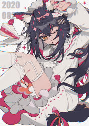 Rule 34 | 1girl, absurdres, animal ear fluff, animal ears, arknights, bandaid, bandaid on face, bandaid on nose, black hair, bow, cake, cake slice, closed mouth, colored inner hair, commentary, dated, dress, feet out of frame, food, food in mouth, garter straps, hair ornament, hairclip, hand up, highres, kneehighs, knife, long hair, long sleeves, multicolored hair, one eye closed, orange eyes, pocky, red bow, red hair, simple background, socks, solo, sparkle, strawberry shortcake, symbol-only commentary, tail, tail bow, tail ornament, taowu (20809), texas (arknights), white background, white dress, white socks, wolf ears, wolf tail