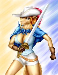 Rule 34 | 1girl, animal ears, clenched hand, closed mouth, dog ears, dog girl, dog tail, furry, gloves, hat, hat feather, highres, holding, holding sword, holding weapon, long hair, looking away, one piece, orange hair, rafaelgh, shorts, signature, solo, solo focus, sword, tail, wanda (one piece), weapon, white hat
