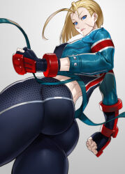 Rule 34 | 1girl, ahoge, ass, ass focus, blonde hair, blue eyes, breasts, cammy white, fingerless gloves, gloves, grey background, ippo, jacket, large breasts, lips, looking back, looking down, pants, scar, scar on face, serious, street fighter, union jack