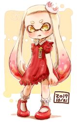 Rule 34 | + +, 1girl, ?, aged down, bad id, bad twitter id, blunt bangs, bobby socks, brown eyes, commentary, crown, dated, dress, emblem, fang, frilled dress, frills, full body, gradient hair, harutarou (orion 3boshi), inkling, long hair, looking at viewer, mary janes, mole, mole under mouth, multicolored hair, nintendo, parted lips, pearl (splatoon), pink hair, red dress, red footwear, shoes, short sleeves, socks, solo, splatoon (series), splatoon 2, spoken question mark, squid, standing, striped clothes, striped dress, tentacle hair, vertical-striped clothes, vertical-striped dress, white hair, white socks