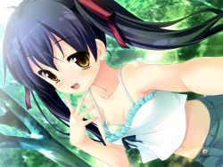 Rule 34 | 1girl, black hair, bra, breasts, brown eyes, camisole, downblouse, fang, game cg, hair ribbon, lingerie, midriff, mimi wo sumaseba (eroge), navel, oogami hinata, open mouth, ribbon, small breasts, smile, solo, souryuu (double dragon), striped bra, striped clothes, teeth, twintails, underwear