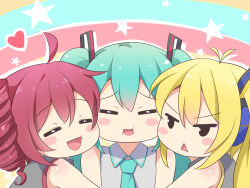 Rule 34 | 3girls, :d, :t, = =, ikazu401, ahoge, akita neru, blonde hair, blue hair, blue neckwear, blush, chibi, collared shirt, commentary, crossover, english commentary, closed eyes, facing viewer, frown, girl sandwich, grey shirt, hatsune miku, heart, highres, kasane teto, multiple girls, necktie, open mouth, outline, red hair, sandwiched, shirt, smile, star (symbol), triangle mouth, triple baka (vocaloid), utau, vocaloid, white outline, wing collar