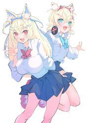 Rule 34 | 2girls, animal ear fluff, animal ears, ayumi (ayumi05888572), bandaid, bandaid hair ornament, blonde hair, blue eyes, blue hair, blue skirt, breast pocket, breasts, collared shirt, dog ears, dog girl, fang, fangs, fuwamoco, fuwawa abyssgard, hair ornament, hairpin, headphones, headphones around neck, highres, hololive, hololive english, large breasts, long hair, looking at viewer, mococo abyssgard, multiple girls, open mouth, pink eyes, pink hair, pocket, shirt, shoes, short hair, siblings, sisters, skin fang, skin fangs, skirt, small breasts, smile, twins, two side up, virtual youtuber, waving, white footwear, white shirt, x hair ornament
