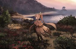 Rule 34 | 1girl, ahoge, ankle boots, black pantyhose, blush, boots, brown capelet, brown cloak, brown corset, brown eyes, brown hair, bush, cape, capelet, cloak, corset, crossed bangs, dirt, flower, from behind, grass, highres, hill, hololive, hololive english, landscape, looking at viewer, looking back, mtoan, multicolored hair, nanashi mumei, nanashi mumei (1st costume), ocean, pantyhose, smile, streaked hair, tree, twilight, virtual youtuber, water