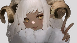 Rule 34 | 1girl, absurdres, animal ears, dark-skinned female, dark skin, fluffy, goat ears, goat girl, goat horns, hand up, highres, horizontal pupils, horns, long hair, looking at viewer, open mouth, original, personification, pikuson, pointy ears, portrait, sheep, simple background, upper body, v, white background, white hair, yellow eyes