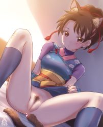 Rule 34 | 1girl, a-plug, anal tail, animal ears, bed, brown eyes, brown hair, cat ears, cleft of venus, fake tail, female pubic hair, highres, japanese clothes, lifted by self, looking at viewer, nanase (street fighter), no panties, presenting, pubic hair, pussy, sitting, solo, street fighter, street fighter ex (series), tail, uncensored