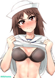 Rule 34 | 1girl, abs, black bra, black eyes, black hair, blouse, blush, bra, breasts, closed mouth, clothes lift, commentary, dixie cup hat, frown, girls und panzer, hat, head tilt, highres, kibimoka, lace, lace-trimmed bra, lace trim, lifting own clothes, long hair, long sleeves, looking at viewer, medium breasts, military hat, murakami (girls und panzer), navel, ooarai naval school uniform, sailor, sailor collar, school uniform, shirt, shirt lift, simple background, sleeves rolled up, solo, standing, sweatdrop, twitter username, underwear, upper body, v-shaped eyebrows, white background, white hat, white shirt