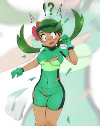 Rule 34 | 1girl, areola slip, arm up, blush stickers, bodysuit, breasts, covered navel, creatures (company), dark-skinned female, dark skin, female focus, flower, game freak, green eyes, green hair, hair flower, hair ornament, highres, low twintails, mallow (pokemon), nintendo, nipples, pokemon, pokemon (anime), pokemon sm (anime), pussy, robert m, simple background, skin tight, skindentation, solo, swept bangs, torn bodysuit, torn clothes, twintails, white background