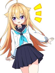 Rule 34 | 1girl, ahoge, blonde hair, blush, commentary request, hair flaps, highres, koshi torako, kotatsu-mazoku, long hair, long sleeves, looking to the side, neckerchief, notice lines, open mouth, pleated skirt, purple eyes, school uniform, serafuku, shikanoko nokonoko koshitantan, skirt, smile, solo, very long hair