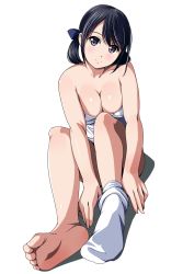 Rule 34 | 1girl, barefoot, black eyes, black hair, blush, breasts, cleavage, feet, foot focus, foreshortening, full body, highres, large breasts, light smile, looking at viewer, matsunaga kouyou, no shoes, original, short hair, short twintails, simple background, single sock, sock pull, socks, soles, solo, swept bangs, toes, twintails, white background