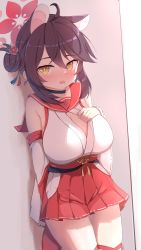 Rule 34 | against wall, ahoge, animal ears, bare shoulders, blue archive, blush, breasts, bright pupils, brown hair, cleavage, dae (dog-of-maou), detached sleeves, fang, hair bun, halo, highres, hip vent, kaede (blue archive), large breasts, medium hair, miniskirt, nontraditional miko, open mouth, oppai loli, pleated skirt, sailor collar, single hair bun, skin fang, skirt, thighhighs, thighs