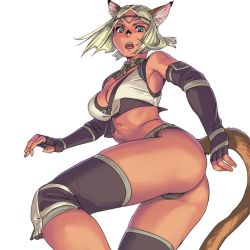 Rule 34 | 1girl, animal ear fluff, animal ears, ass, bare shoulders, blonde hair, blue eyes, breasts, cat ears, cat girl, cat tail, cleavage, dark-skinned female, dark skin, elbow gloves, final fantasy, final fantasy xi, fingerless gloves, gloves, medium breasts, midriff, mithra (ff11), no eyebrows, open mouth, panties, parted bangs, short hair, simple background, solo, tail, teeth, underwear, white background, yuccoshi