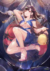 Rule 34 | 1girl, ahoge, arm up, atdan, azur lane, bare legs, bare shoulders, bird, black hair, blue dress, breasts, chick, collarbone, dress, eagle, earrings, feet, hair ornament, hairband, high heels, highres, independence (azur lane), independence (the independent line) (azur lane), jewelry, large breasts, long hair, looking at viewer, manjuu (azur lane), parted lips, red eyes, revealing clothes, sandals, sleeveless, sleeveless dress, solo, thighs, water
