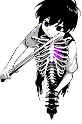 Rule 34 | 1boy, absurdres, antenna hair, bone, closed mouth, fingernails, hair between eyes, heart (organ), highres, holding, holding bone, looking down, male focus, omori, purple pupils, ribs, short hair, short sleeves, solo, spine, spot color, sunny (omori), sweater vest, upper body, wrzydyspdys