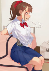 Rule 34 | 1girl, absurdres, android, bag, blue skirt, bow, bowtie, brown eyes, brown hair, cable, collared shirt, feet out of frame, highres, indoors, kneehighs, mecha-jk, mechanical parts, meikaa, on bed, original, ponytail, puff of air, recharging, red bow, red bowtie, school uniform, shirt, shopping bag, short sleeves, sitting, skirt, socks, solo, white shirt