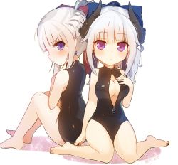 Rule 34 | 2girls, asicah, bad id, bad pixiv id, barefoot, black one-piece swimsuit, blonde hair, blue eyes, blush, bow, breasts, cleavage, demon girl, demon horns, earrings, front zipper swimsuit, hair bow, hand on own chest, horns, jewelry, large breasts, looking at viewer, meme attire, multiple girls, one-piece swimsuit, original, ponytail, purple eyes, silver hair, sitting, swimsuit, unzipped, wariza, zipper