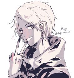 Rule 34 | 1boy, bad id, bad pixiv id, cross, cross earrings, earrings, glint, hand up, heart, high collar, highres, jacket, jewelry, kuzuha (nijisanji), latin cross, long sleeves, looking at viewer, male focus, monochrome, nail polish, nijisanji, parted bangs, pointy ears, ring, signature, simple background, smile, sofra, solo, sparkle, twitter username, upper body, v, virtual youtuber, white background
