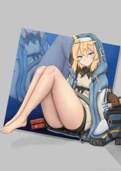 Rule 34 | 1boy, absurdres, bare legs, barefoot, black shorts, blonde hair, blue eyes, blue jacket, bridget (guilty gear), commentary request, drawstring, feet, grey background, grey shirt, guilty gear, guilty gear strive, highres, hood, hooded jacket, jacket, knees up, long sleeves, looking at viewer, male focus, medium hair, setsuna (setsuna azastar), shirt, short shorts, shorts, simple background, thighs, trap, zoom layer