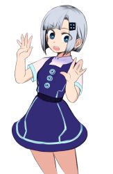 Rule 34 | 1girl, absurdres, belt, black belt, blue dress, blue eyes, blunt bangs, blunt ends, bright pupils, buttons, commentary request, contrapposto, dress, feet out of frame, grey hair, hands up, highres, indie virtual youtuber, looking at viewer, oota mato, open mouth, pinafore dress, samutora mike, shirt, short hair, short sleeves, simple background, sleeveless, sleeveless dress, solo, standing, text hair ornament, virtual youtuber, white background, white pupils, white shirt