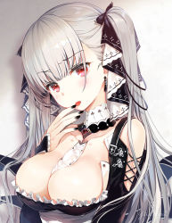 Rule 34 | 1girl, azur lane, bare shoulders, between breasts, black bow, black dress, black nails, bow, breasts, cleavage, collarbone, commentary request, detached collar, dress, earrings, finger to mouth, formidable (azur lane), frilled dress, frills, grey hair, hair bow, hand up, jewelry, large breasts, long hair, looking at viewer, nail polish, red eyes, shadow, solo, tongue, tongue out, twintails, upper body, yadapot