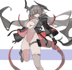 Rule 34 | artist request, breasts, clothing cutout, gloves, grey hair, jacket, large breasts, leg holster, leotard, open clothes, open jacket, original, pointy ears, short hair, thighhighs, underboob, underboob cutout