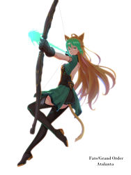 Rule 34 | 1girl, absurdres, ahoge, alaya, animal ears, atalanta (fate), blonde hair, bow (weapon), cat ears, character name, copyright name, english text, fate/apocrypha, fate/grand order, fate (series), full body, green eyes, green hair, highres, long hair, multicolored hair, simple background, solo, thighhighs, weapon, white background