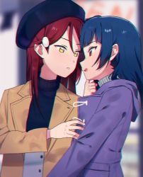 Rule 34 | 2girls, :d, beret, black hat, blue hair, blurry, blurry background, brown coat, chromatic aberration, coat, face-to-face, female focus, hair ornament, hairclip, hat, hood, hood down, hooded coat, long hair, long sleeves, looking at another, love live!, love live! sunshine!!, multiple girls, open mouth, parted lips, purple coat, purple eyes, red hair, sakurauchi riko, sellel, smile, tsushima yoshiko, upper body, yellow eyes, yuri