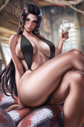 Rule 34 | 1girl, artist name, ass, black hair, black one-piece swimsuit, black slingshot swimsuit, blue eyes, blurry, blurry background, boa hancock, breasts, collarbone, crossed legs, cup, dandon fuga, drinking glass, earrings, highres, holding, holding cup, jewelry, large breasts, long hair, milk, one-piece swimsuit, one piece, paid reward available, purple nails, sitting, sleeveless, slingshot swimsuit, snake earrings, snake tail, solo, swimsuit, tail, window