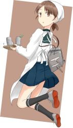 Rule 34 | 1girl, absurdres, adapted turret, apron, back, blush, brown background, brown hair, cup, head scarf, highres, japanese clothes, kantai collection, kappougi, looking at viewer, official alternate costume, school uniform, shirayuki (kancolle), solo, subaru izumi, teacup, tray, white background