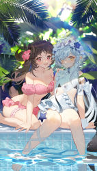 Rule 34 | 2girls, ahoge, animal ears, ankle lace-up, arknights, arm ribbon, bahao diqiu, bare legs, barefoot, bikini, bikini skirt, blurry, blurry background, blush, breasts, bridal garter, brown hair, closed mouth, crocodilian tail, cross-laced footwear, depth of field, eyjafjalla (arknights), eyjafjalla (summer flower) (arknights), flower, hair flower, hair ornament, hair over one eye, head wreath, highres, horns, leaf, leg ribbon, legs, long hair, looking at viewer, medium breasts, multiple girls, navel, off-shoulder bikini, off shoulder, official alternate costume, one-piece swimsuit, open mouth, outdoors, palm leaf, pink bikini, pink flower, pink hair, revision, ribbon, sheep ears, sheep girl, sheep horns, sheep tail, sitting, smile, soaking feet, stomach, swimsuit, tail, thighs, toes, tomimi (arknights), tomimi (silent night) (arknights), very long hair, wet, white flower, white one-piece swimsuit, white ribbon, wrist cuffs, yellow eyes