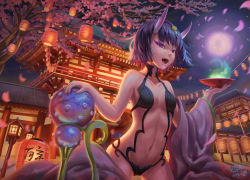Rule 34 | 1girl, bare shoulders, breasts, commentary request, cup, fate/grand order, fate (series), hooh lin, horns, japanese clothes, kimono, lamp, looking at viewer, moon, navel, night, oni, open mouth, outdoors, purple eyes, purple hair, short hair, shuten douji (fate), skin-covered horns, small breasts, smile, solo, tree