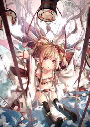 Rule 34 | 10s, 1girl, arm up, artist name, bad id, bad pixiv id, black thighhighs, blonde hair, blush, boots, bow, breasts, collarbone, dated, drum, floating hair, granblue fantasy, hair ornament, harvin, highres, instrument, large bow, long hair, looking up, mahira (granblue fantasy), midriff, mitsudomoe (shape), navel, outdoors, outstretched arm, over-kneehighs, parted lips, pelvic curtain, saraki, signature, sitting, small breasts, solo, thighhighs, tomoe (symbol), white bow, yellow eyes