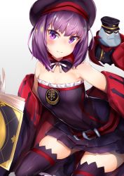 Rule 34 | 1girl, absurdres, bare shoulders, belt, black legwear, book, colonel olcott (fate), detached collar, detached sleeves, fate/grand order, fate (series), flat chest, gradient background, hat, helena blavatsky (fate), helena blavatsky (third ascension) (fate), highres, holding, holding book, looking at viewer, nanakaku, purple eyes, purple hair, sefirot, short hair, solo, strapless