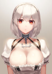 Rule 34 | 1girl, absurdres, anchor choker, arms at sides, azur lane, black dress, breasts, choker, cleavage, collarbone, dress, frilled choker, frilled sleeves, frills, gradient background, grey background, hair between eyes, highres, large breasts, looking at viewer, moroes, open mouth, puffy short sleeves, puffy sleeves, red eyes, shiny skin, short hair, short sleeves, sirius (azur lane), solo, tongue, two-tone dress, upper body, white dress, white hair