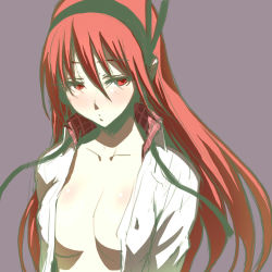 Rule 34 | 10s, 1girl, akame ga kill!, blush, breasts, chelsea (akame ga kill!), collarbone, covered erect nipples, female focus, hair ornament, headphones, large breasts, long hair, looking down, no bra, open clothes, open shirt, red eyes, red hair, shirt, simple background, solo, tekuteku (yuuhodou)