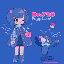 Rule 34 | 1girl, bag, blue background, blue footwear, blue hair, character name, creature and personification, creatures (company), full body, game freak, gen 7 pokemon, hair ornament, hairclip, heart, highres, long sleeves, narumame, nintendo, one eye closed, open mouth, personification, poke ball, poke ball (basic), pokedex number, pokemon, pokemon (creature), popplio, shoes, short hair, shoulder bag, simple background, smile, twitter username