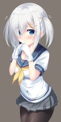 Rule 34 | 10s, 1girl, :&lt;, alternate hairstyle, black pantyhose, blue eyes, blush, breasts, buttons, chestnut mouth, cleavage, gloves, grey background, hair ornament, hairclip, hamakaze (kancolle), kantai collection, legs together, looking at viewer, open mouth, own hands together, pantyhose, ribbon, sailor, school uniform, serafuku, shirt, short hair, short sleeves, simple background, skirt, solo, tomoo (tomo), twintails, twintails day, white gloves, white hair, white shirt