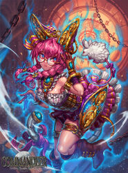 Rule 34 | 1girl, analog clock, animal, bow, braid, brown gloves, chain, clock, commandeer, dress, gears, glasses, gloves, highres, katy the psycho machine, light particles, looking at viewer, mechanical ears, mechanical tail, mouse (animal), pink dress, pink hair, red eyes, roman numeral, sa-dui, solo, tail, tail bow, tail ornament, twin braids