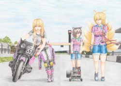 Rule 34 | alternate costume, animal ears, biker clothes, bikesuit, black shirt, blonde hair, blue footwear, blue sky, bodysuit, boots, brown eyes, brown hair, cat ears, cat tail, chen, clothes around waist, cloud, colored pencil (medium), commentary request, day, denim, denim shorts, engine, fox ears, fox tail, gloves, green footwear, groin, hair between eyes, jacket, jacket around waist, knee pads, leaning, leaning on object, leaning to the side, logo, long hair, looking at another, looking at viewer, midriff, motor vehicle, motorcycle, multiple tails, navel, no socks, open mouth, outdoors, pants, purple eyes, purple footwear, purple shirt, pushcart, racetrack, red pond, shirt, shoes, short hair, short sleeves, shorts, sky, sneakers, striped clothes, striped pants, suzuki, suzuki gs1000r, t-shirt, tail, teeth, touhou, traditional media, tree, upper teeth only, walking, yakumo ran, yakumo yukari, yellow eyes, yin yang