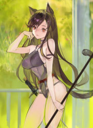 Rule 34 | 1girl, absurdres, animal ears, arknights, bare arms, bare shoulders, black hair, black one-piece swimsuit, breasts, cat ears, chinese commentary, commentary request, cowboy shot, fengyin shici guozi, hand up, highres, holding, holding staff, large breasts, long hair, looking at viewer, official alternate costume, one-piece swimsuit, orange eyes, skyfire (arknights), skyfire (temperature difference) (arknights), solo, staff, standing, swimsuit, thighs, very long hair